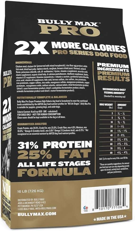 Bully Max Pro 2X High Calorie & High Protein Dry Dog Food for Puppy & Adult Dogs - Healthy Weight Gain & Muscle Building for Small & Large Breeds - Slow-Cooked, 600 Calories/Cup, Chicken Flavor, 16lb. - Image 2