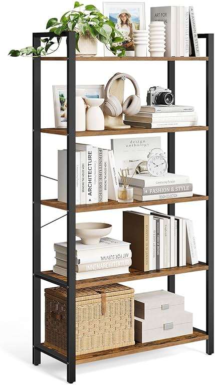 VASAGLE 5-Tier Bookshelf, Bookcase with Steel Frame, Book Shelf for Living Room, Home Office, Study, 11.8 x 31.5 x 60.2 Inches, Industrial Style, Rustic Brown and Ink Black ULLS081B01 - Image 1