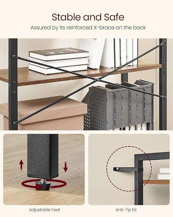 VASAGLE 5-Tier Bookshelf, Bookcase with Steel Frame, Book Shelf for Living Room, Home Office, Study, 11.8 x 31.5 x 60.2 Inches, Industrial Style, Rustic Brown and Ink Black ULLS081B01 - Image 5