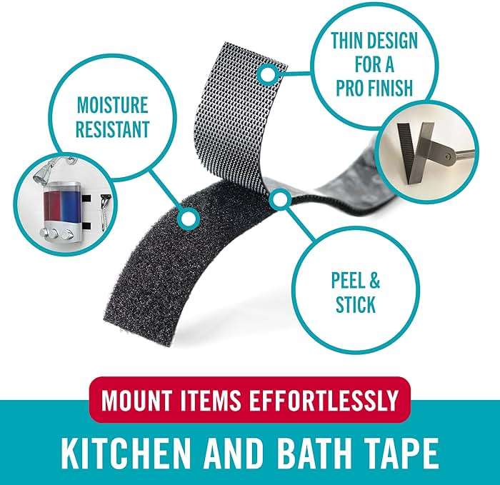 VELCRO Brand Kitchen and Bath Mounting Tape. Moisture Resistant for Installing Shower Accessories and Bathroom Decor. 12ft Heavy Duty Roll Holds 10 pounds. Easy Peel and Stick Application, Black - Image 2