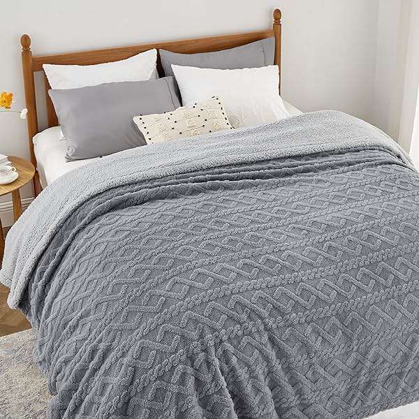 Bedsure Sherpa Queen Size Blanket for Bed - Fleece Soft Fluffy & Cozy Cable Jacquard Tufted Throw Blankets for Women Gift, Thick Warm for Winter and All Seasons, Grey, 90x90 Inches - Image 1