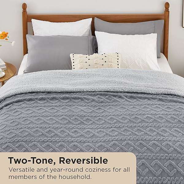 Bedsure Sherpa Queen Size Blanket for Bed - Fleece Soft Fluffy & Cozy Cable Jacquard Tufted Throw Blankets for Women Gift, Thick Warm for Winter and All Seasons, Grey, 90x90 Inches - Image 2