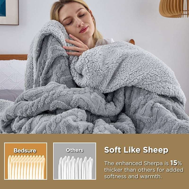 Bedsure Sherpa Queen Size Blanket for Bed - Fleece Soft Fluffy & Cozy Cable Jacquard Tufted Throw Blankets for Women Gift, Thick Warm for Winter and All Seasons, Grey, 90x90 Inches - Image 3