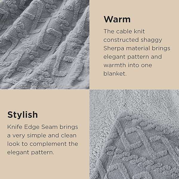 Bedsure Sherpa Queen Size Blanket for Bed - Fleece Soft Fluffy & Cozy Cable Jacquard Tufted Throw Blankets for Women Gift, Thick Warm for Winter and All Seasons, Grey, 90x90 Inches - Image 4