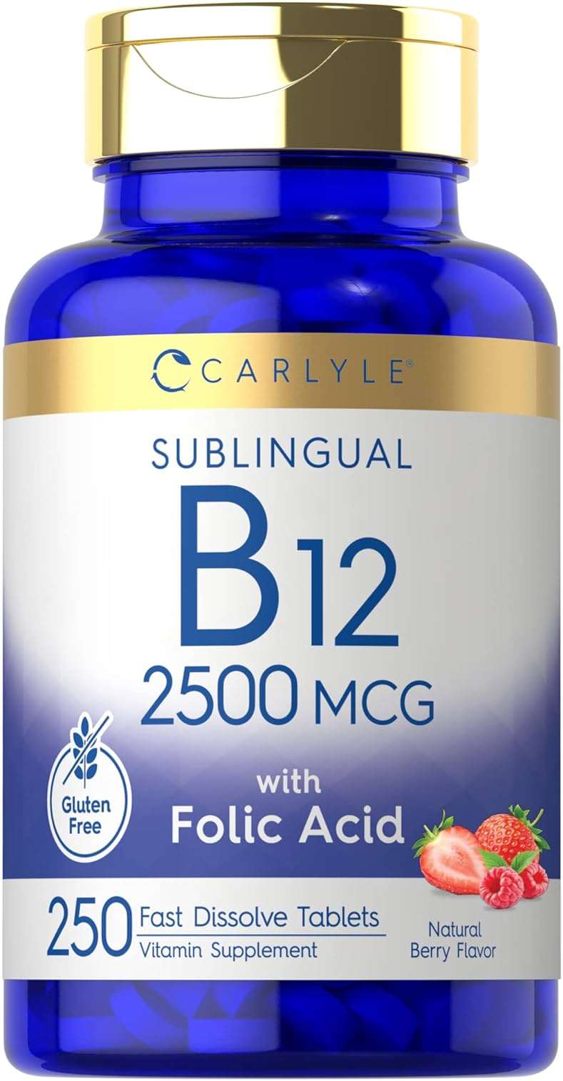 Carlyle Vitamin B12 Sublingual 2500 mcg | 250 Fast Dissolve Tablets | Cyanocobalamin Supplement with Folic Acid for Adults | Natural Berry Flavor | Vegetarian, Non-GMO, and Gluten Free - Image 1