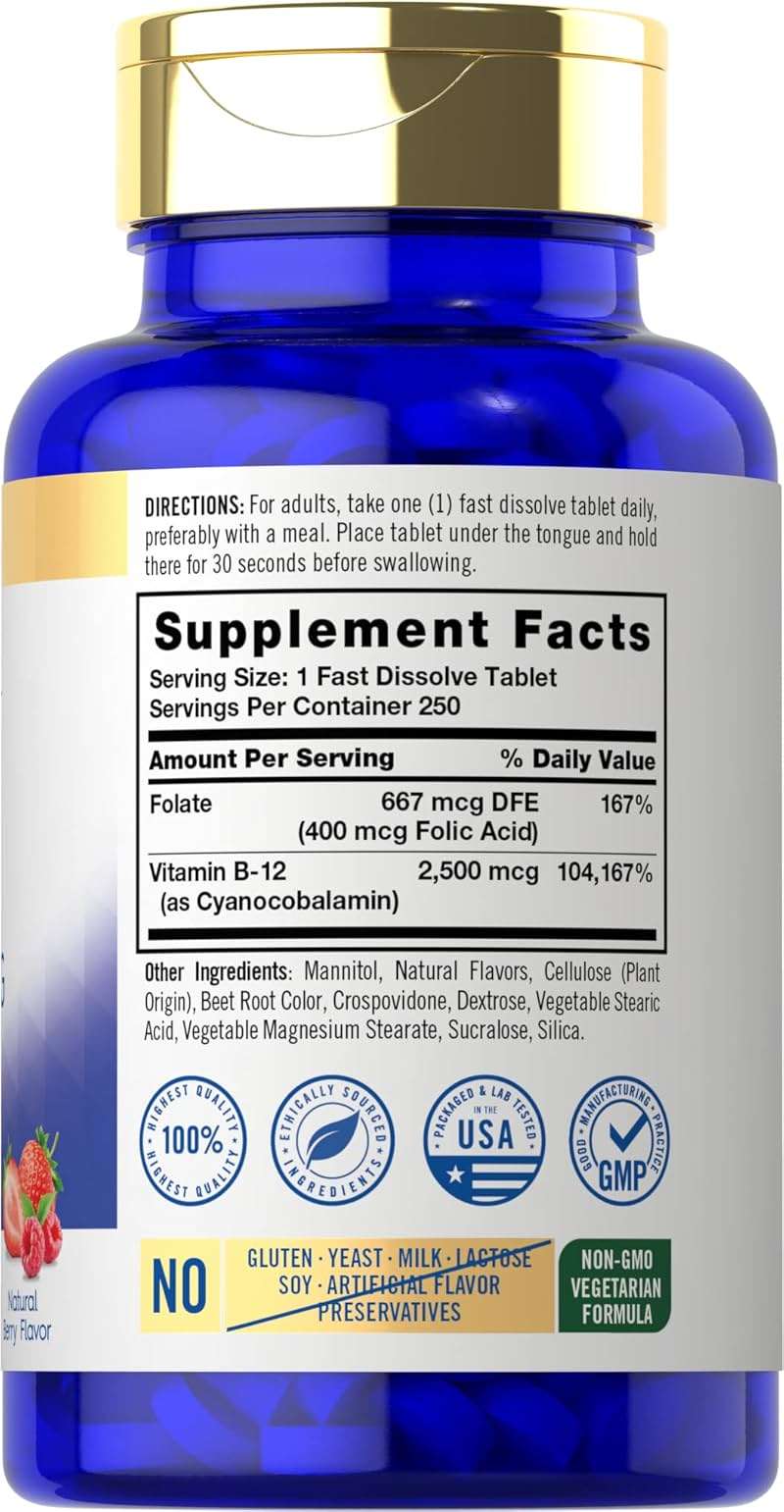 Carlyle Vitamin B12 Sublingual 2500 mcg | 250 Fast Dissolve Tablets | Cyanocobalamin Supplement with Folic Acid for Adults | Natural Berry Flavor | Vegetarian, Non-GMO, and Gluten Free - Image 2