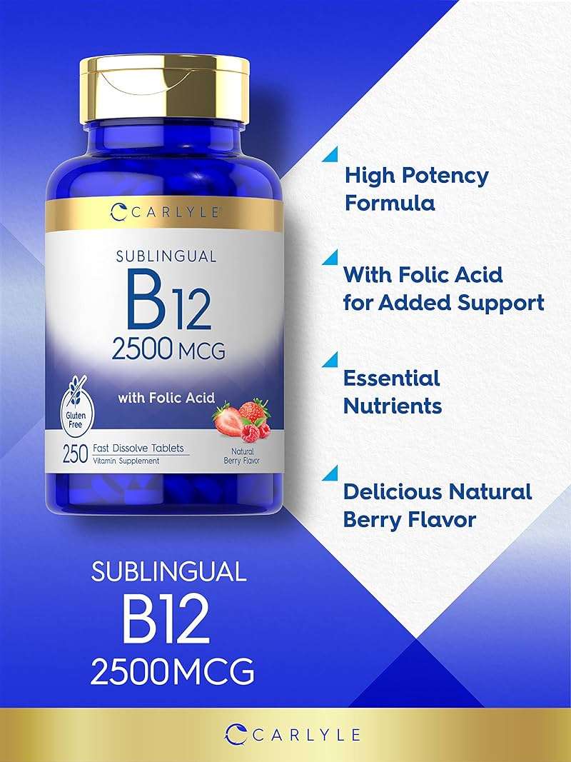 Carlyle Vitamin B12 Sublingual 2500 mcg | 250 Fast Dissolve Tablets | Cyanocobalamin Supplement with Folic Acid for Adults | Natural Berry Flavor | Vegetarian, Non-GMO, and Gluten Free - Image 3
