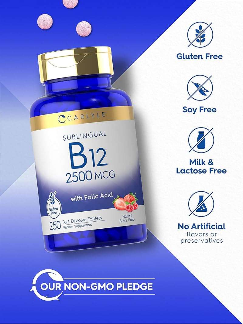 Carlyle Vitamin B12 Sublingual 2500 mcg | 250 Fast Dissolve Tablets | Cyanocobalamin Supplement with Folic Acid for Adults | Natural Berry Flavor | Vegetarian, Non-GMO, and Gluten Free - Image 4
