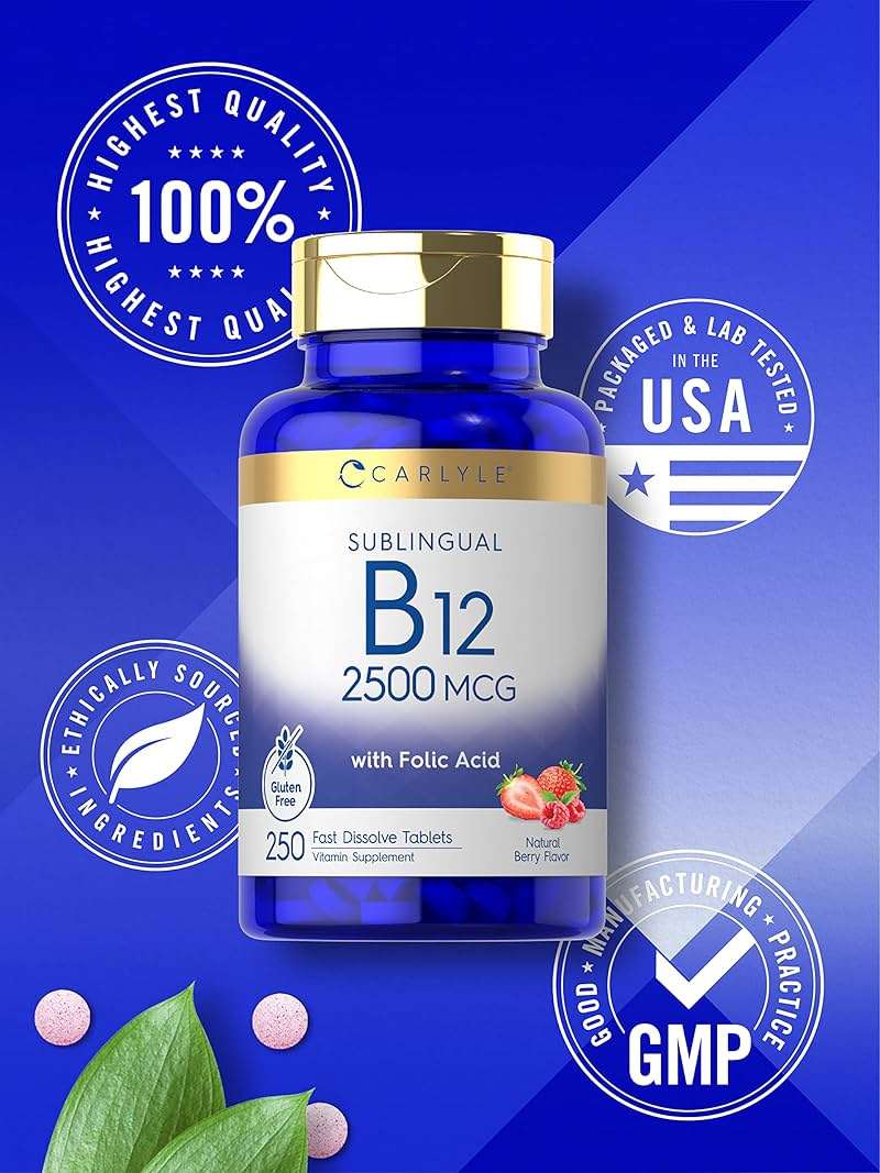 Carlyle Vitamin B12 Sublingual 2500 mcg | 250 Fast Dissolve Tablets | Cyanocobalamin Supplement with Folic Acid for Adults | Natural Berry Flavor | Vegetarian, Non-GMO, and Gluten Free - Image 5