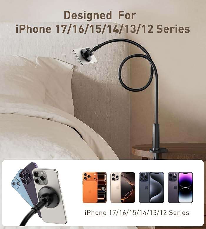Magnetic Gooseneck Phone Holder Mount for iPhone 17/16/15/14/13/12 - Magnetic Stand Tabletop Clamp 360°Rotation Adjustable for Office/Home Compatible with iPhone 17 16 15 14 13 12 Mini Plus Pro Max - Image 7