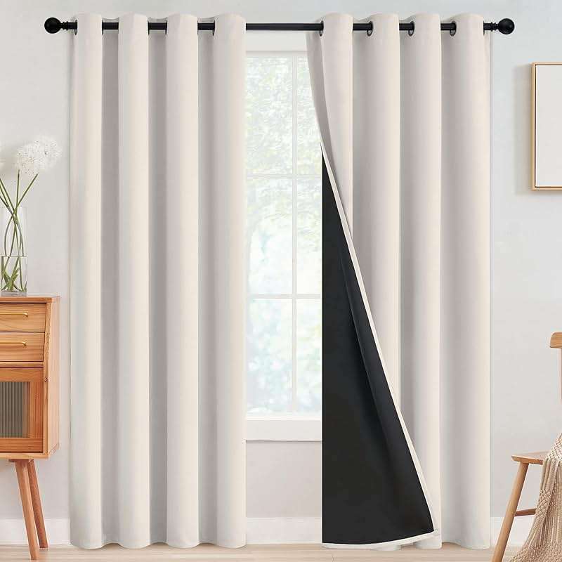 SimpleHome 100% Blackout Curtains for Bedroom,Thermal Insulated Grommet Window Drapes Room Darkening Cream Curtains for Living Room with Black Back,52 x 84 Inch,2 Panels - Image 1