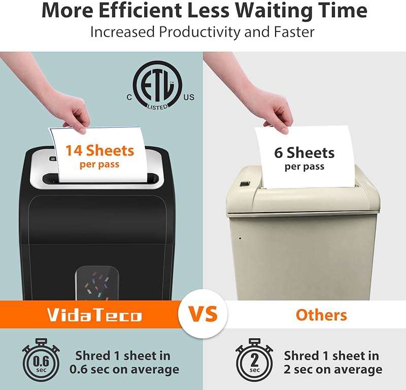VidaTeco 14-Sheet Micro Cut Paper Shredder for Home Office Heavy Duty, 60-Min Runtime, Jam Proof with US Patented Cutter, Quiet Shredder for CD/Credit Card/Staples/Clips, 5.3-Gallon Pullout Bin, ETL - Image 5