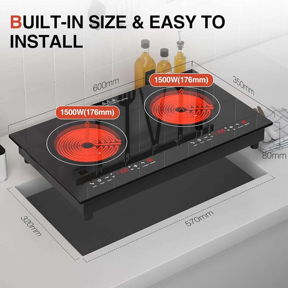 GTKZW 3000w Electric Cooktop, 24" Electric Stove 2 Burner Hot Plate Built-in Double Burner Cooktop with LED Touch Screen,9 Heating 9 Temperature,Kids Lock & Timer,Suitable for all Pans - Image 2
