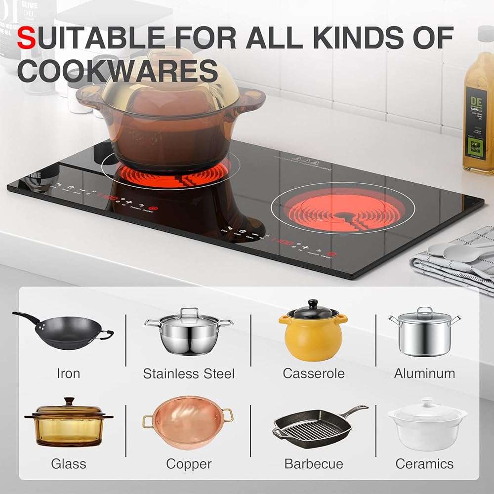 GTKZW 3000w Electric Cooktop, 24" Electric Stove 2 Burner Hot Plate Built-in Double Burner Cooktop with LED Touch Screen,9 Heating 9 Temperature,Kids Lock & Timer,Suitable for all Pans - Image 3