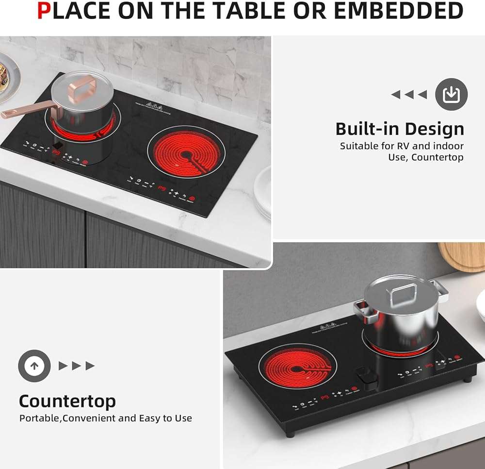 GTKZW 3000w Electric Cooktop, 24" Electric Stove 2 Burner Hot Plate Built-in Double Burner Cooktop with LED Touch Screen,9 Heating 9 Temperature,Kids Lock & Timer,Suitable for all Pans - Image 4
