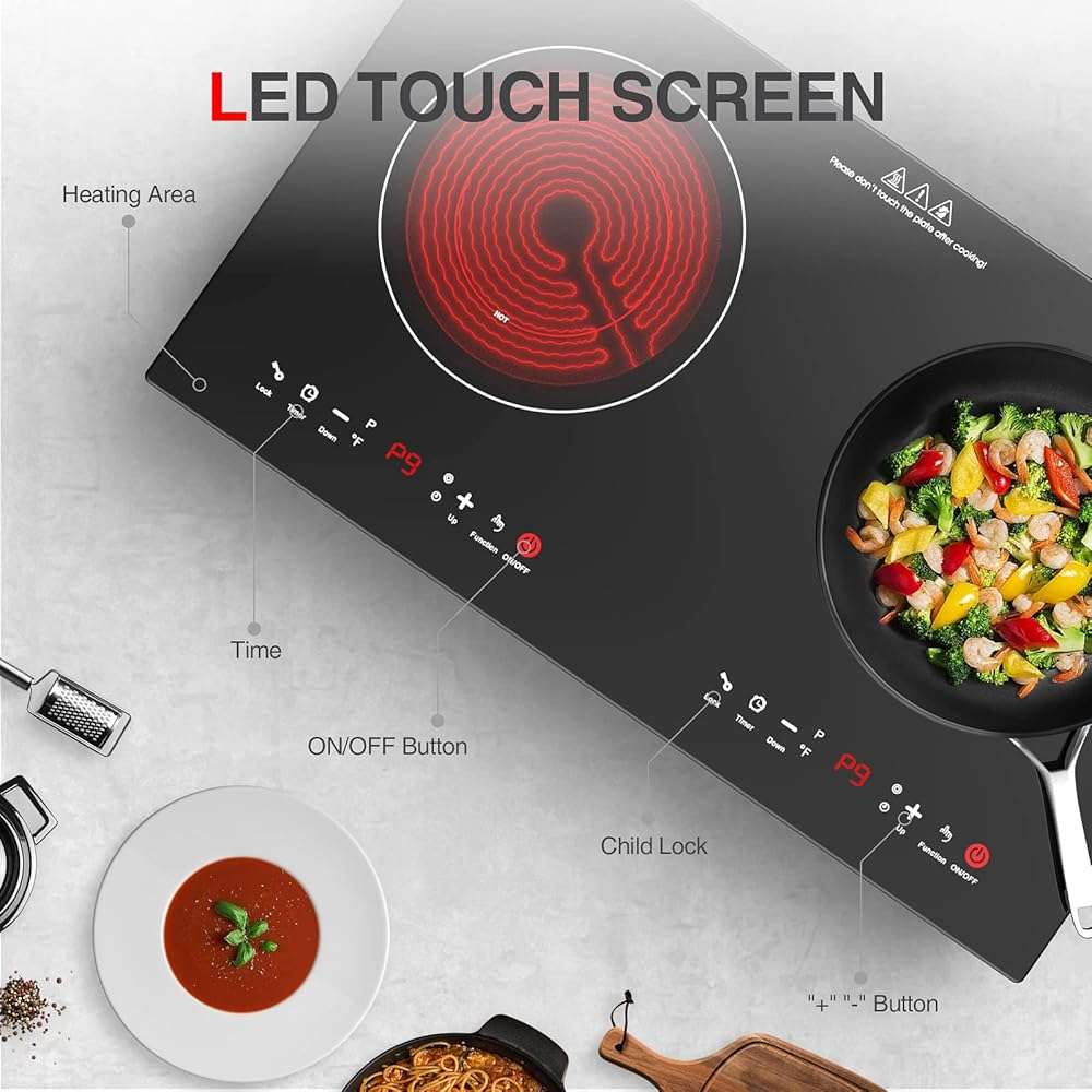 GTKZW 3000w Electric Cooktop, 24" Electric Stove 2 Burner Hot Plate Built-in Double Burner Cooktop with LED Touch Screen,9 Heating 9 Temperature,Kids Lock & Timer,Suitable for all Pans - Image 8