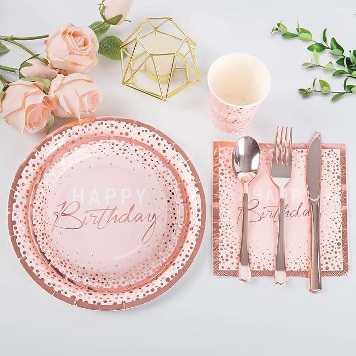 175PCS Happy Birthday Plates and Napkins Party Supplies, Paper Pink and Rose Gold Plastic Forks Knives Spoons Serve 25 Guests for Girl Women - Image 2