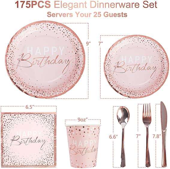 175PCS Happy Birthday Plates and Napkins Party Supplies, Paper Pink and Rose Gold Plastic Forks Knives Spoons Serve 25 Guests for Girl Women - Image 3