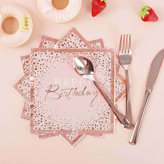 175PCS Happy Birthday Plates and Napkins Party Supplies, Paper Pink and Rose Gold Plastic Forks Knives Spoons Serve 25 Guests for Girl Women - Image 4
