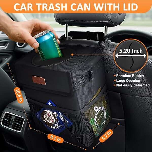 Vankor Car Trash Can Bin with Lid Hanging for Back Seat, Car Accessories for Women Men Leak Proof Automotive Garbage Cans Leakproof Vehicle Trash Can for Truck SUV Black - Image 2
