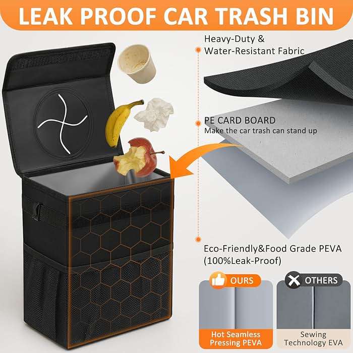 Vankor Car Trash Can Bin with Lid Hanging for Back Seat, Car Accessories for Women Men Leak Proof Automotive Garbage Cans Leakproof Vehicle Trash Can for Truck SUV Black - Image 3