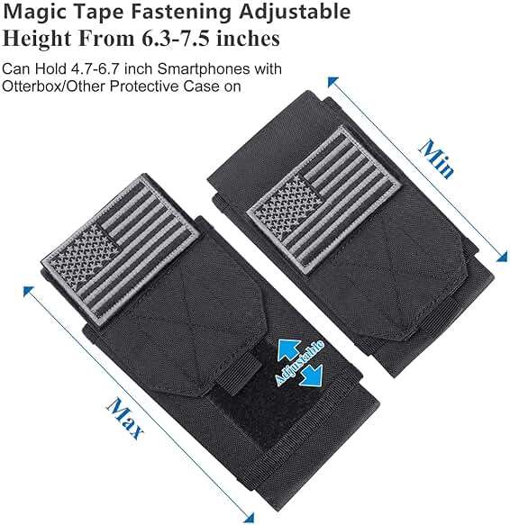 Heyqie Black Tactical Molle Cellphone Pouch Case,Heavy Duty Waterproof Phone Holster Bag for iPhone 14 15 16 Pro Max for Samsung S24 S23 Ultra S22 Plus Note 20 A13 Less 6.7" Phone with US Flag Patch - Image 5