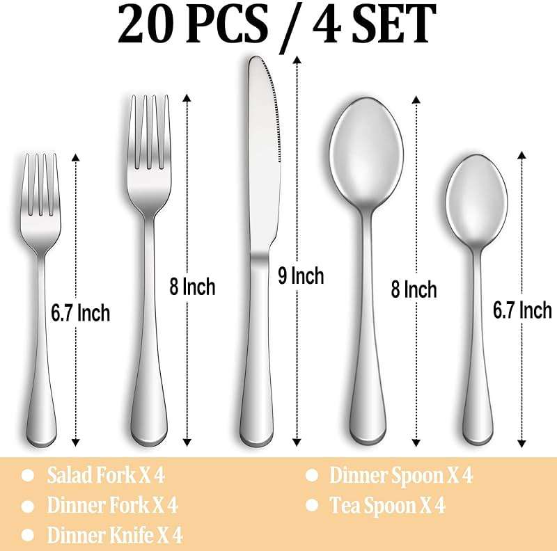 20 Piece Silverware Set Service for 4,Premium Stainless Steel Flatware Set,Mirror Polished Cutlery Utensil Set,Durable Home Kitchen Eating Tableware Set,Include Fork Knife Spoon Set,Dishwasher Safe - Image 3