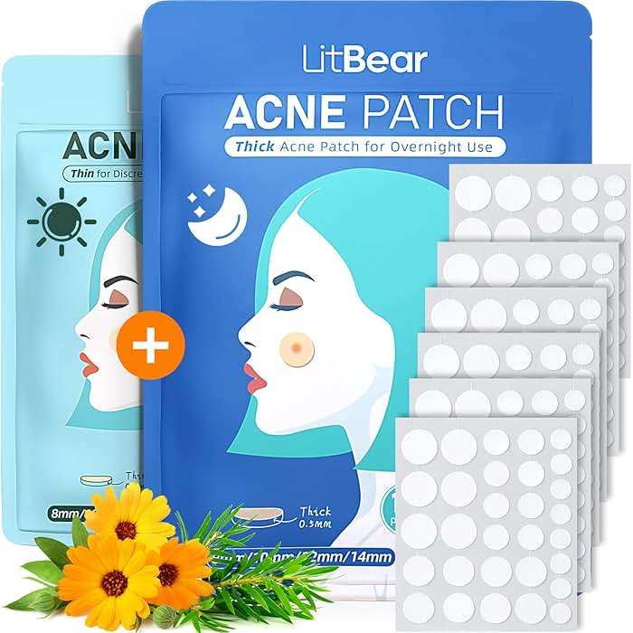 LitBear Acne Pimple Patches- Day and Night 4 Sizes 180 Dots Thin & Thick Hydrocolloid Patches with Witch Hazel, Tea Tree & Calendula Oil, Pimple Stickers for Covering Zits, Blemishes, Spots, Acne Dots - Image 1