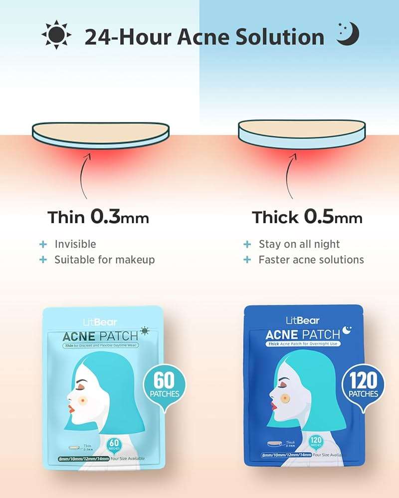 LitBear Acne Pimple Patches- Day and Night 4 Sizes 180 Dots Thin & Thick Hydrocolloid Patches with Witch Hazel, Tea Tree & Calendula Oil, Pimple Stickers for Covering Zits, Blemishes, Spots, Acne Dots - Image 2