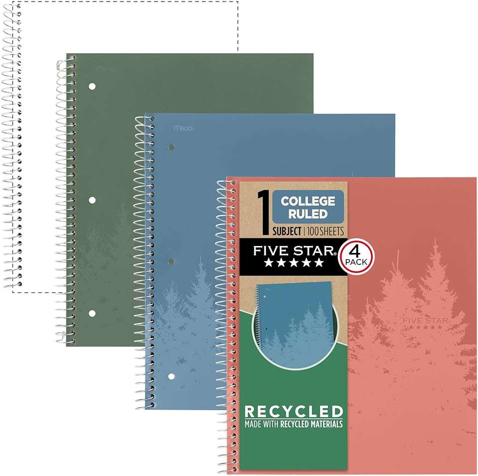 Five Star Spiral Notebook + Study App, 4 Pack, 1 Subject, Recycled College Ruled Paper, 8-1/2" x 11", 100 Sheets, Fights Ink Bleed, Includes 3 Colors + 1 Randomly Selected Color (820046-ECM24) - Image 1