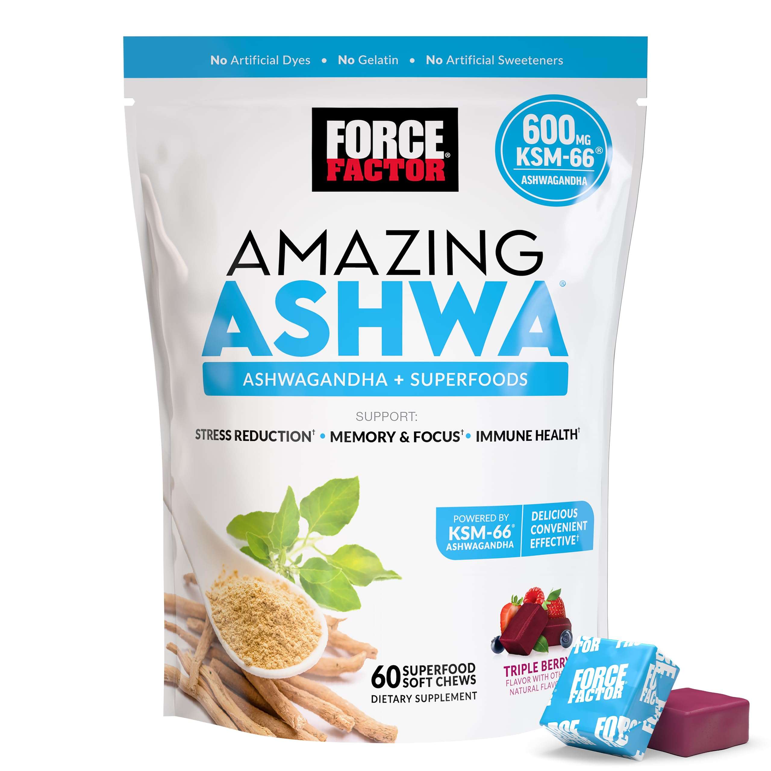 Force Factor Amazing Ashwa for Stress Relief, Memory, Focus, and Immune Support Health, Ashwaganda Supplement with KSM-66 Ashwagandha for Stress, 60 Soft Chews - Image 1