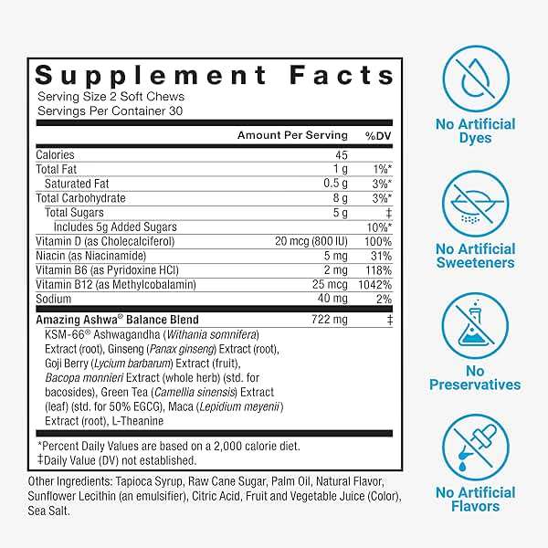 Force Factor Amazing Ashwa for Stress Relief, Memory, Focus, and Immune Support Health, Ashwaganda Supplement with KSM-66 Ashwagandha for Stress, 60 Soft Chews - Image 6