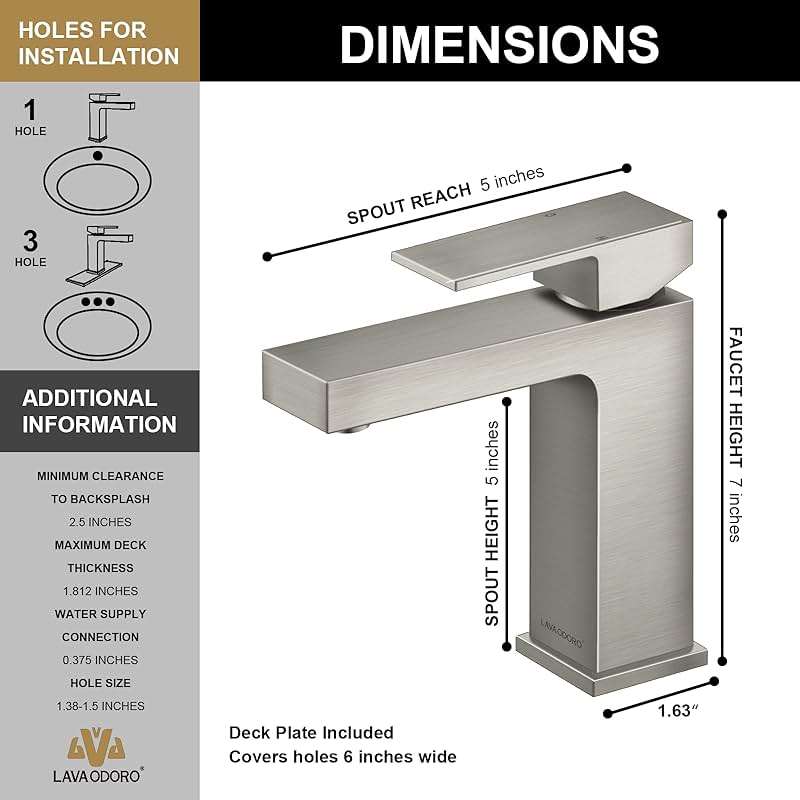 Lava Odoro Single Hole Bathroom Faucet, Brushed Nickel Bathroom Sink Faucet Single Handle Vanity Faucet with Pop up Drain Assembly, Deck Plate Included, BF307-BN - Image 3