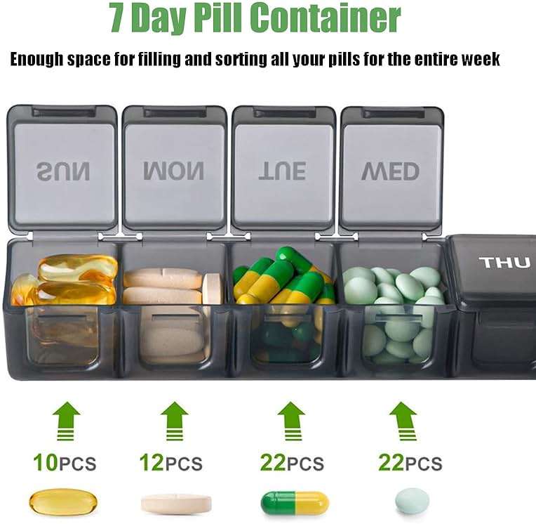 2 Pack Weekly Pill Organizer, Large 7 Day Pill Case, Daily Vitamin Case Medicine Box, AM/PM Pill Containers for Medicine Supplements Fish Oil（White & Black） - Image 5