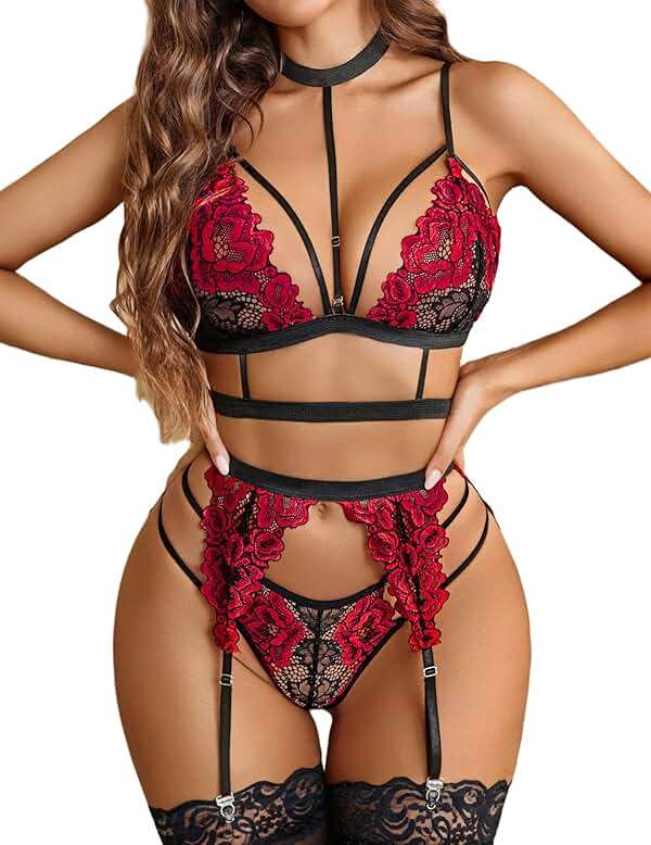 Avidlove Lace Garter Lingerie Set with Removable Choker Teddy Babydoll Strappy Bra and Panty Set (No Stockings) - Image 1