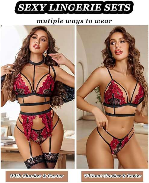 Avidlove Lace Garter Lingerie Set with Removable Choker Teddy Babydoll Strappy Bra and Panty Set (No Stockings) - Image 3