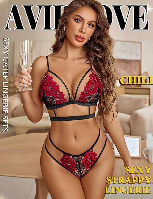 Avidlove Lace Garter Lingerie Set with Removable Choker Teddy Babydoll Strappy Bra and Panty Set (No Stockings) - Image 4
