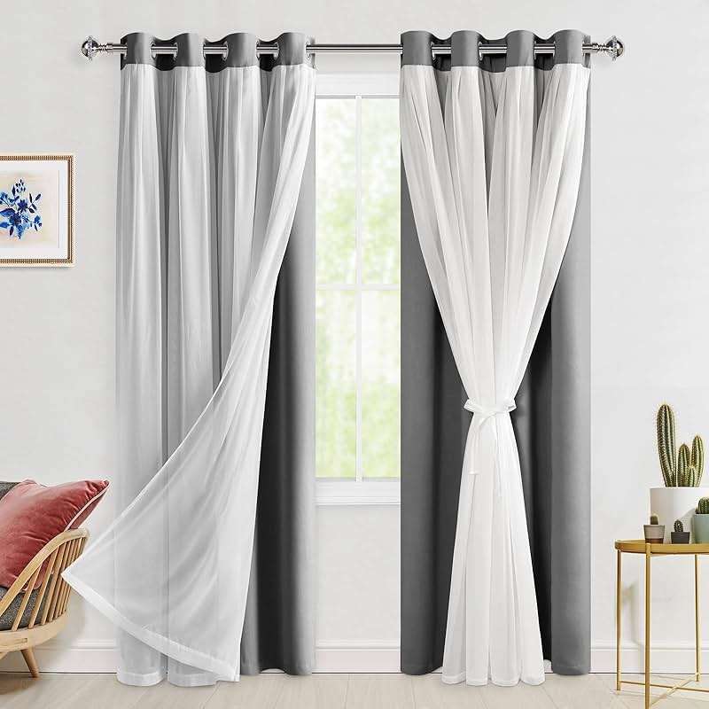 Hiasan Grey Blackout Curtains with Sheer Overlay, Grommet Thermal Insulated Privacy Mix & Match Double Layer Room Darkneing Curtains for Bedroom, Living Room, 2 Window Panels with Tiebacks, 52W X 84L - Image 1