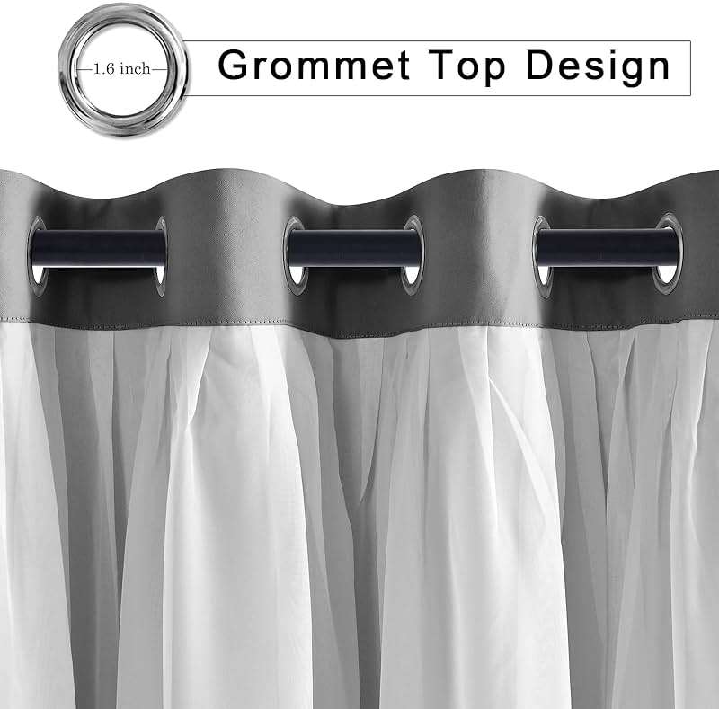 Hiasan Grey Blackout Curtains with Sheer Overlay, Grommet Thermal Insulated Privacy Mix & Match Double Layer Room Darkneing Curtains for Bedroom, Living Room, 2 Window Panels with Tiebacks, 52W X 84L - Image 3