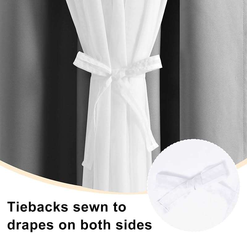 Hiasan Grey Blackout Curtains with Sheer Overlay, Grommet Thermal Insulated Privacy Mix & Match Double Layer Room Darkneing Curtains for Bedroom, Living Room, 2 Window Panels with Tiebacks, 52W X 84L - Image 4