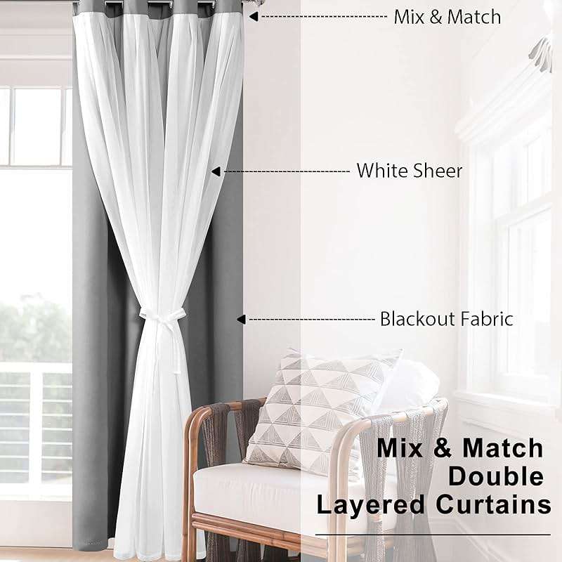 Hiasan Grey Blackout Curtains with Sheer Overlay, Grommet Thermal Insulated Privacy Mix & Match Double Layer Room Darkneing Curtains for Bedroom, Living Room, 2 Window Panels with Tiebacks, 52W X 84L - Image 5