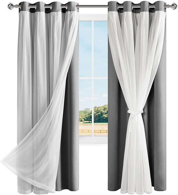 Hiasan Grey Blackout Curtains with Sheer Overlay, Grommet Thermal Insulated Privacy Mix & Match Double Layer Room Darkneing Curtains for Bedroom, Living Room, 2 Window Panels with Tiebacks, 52W X 84L - Image 7