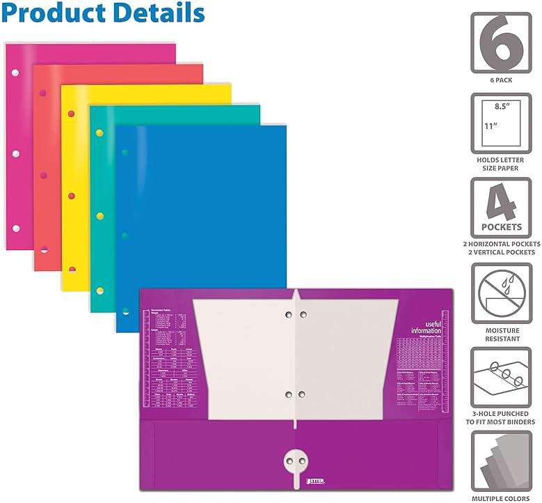 Better Office Products 4 Pocket Glossy Laminated Paper Folders (6 Pack), 3 Hole Punch Portfolios, Assorted Colors,(Brights) - Image 7