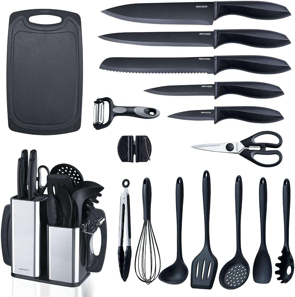 RAXCO Kitchen Utensils Set,18-Piece Cooking Utensils and Knife Set,Black | Food-grade Silicone Heat-safe to 410°F, Detachable Stainless Steel Holder, 5 Kitchen Knives and Cutting Board All-in-one - Image 1