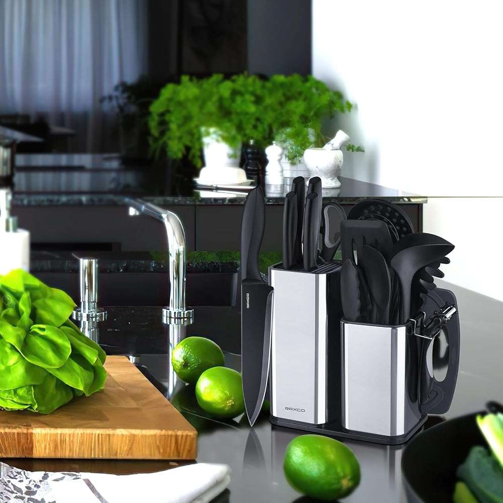 RAXCO Kitchen Utensils Set,18-Piece Cooking Utensils and Knife Set,Black | Food-grade Silicone Heat-safe to 410°F, Detachable Stainless Steel Holder, 5 Kitchen Knives and Cutting Board All-in-one - Image 2
