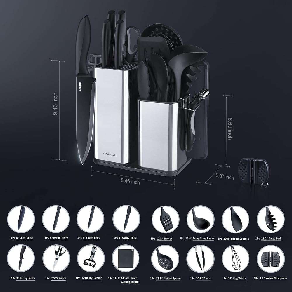 RAXCO Kitchen Utensils Set,18-Piece Cooking Utensils and Knife Set,Black | Food-grade Silicone Heat-safe to 410°F, Detachable Stainless Steel Holder, 5 Kitchen Knives and Cutting Board All-in-one - Image 3