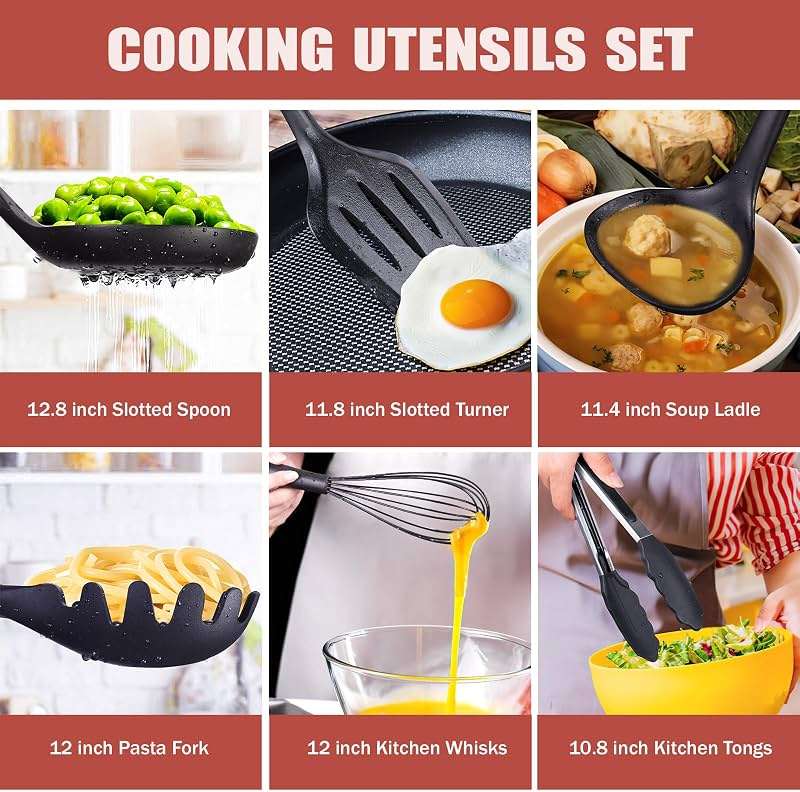 RAXCO Kitchen Utensils Set,18-Piece Cooking Utensils and Knife Set,Black | Food-grade Silicone Heat-safe to 410°F, Detachable Stainless Steel Holder, 5 Kitchen Knives and Cutting Board All-in-one - Image 4