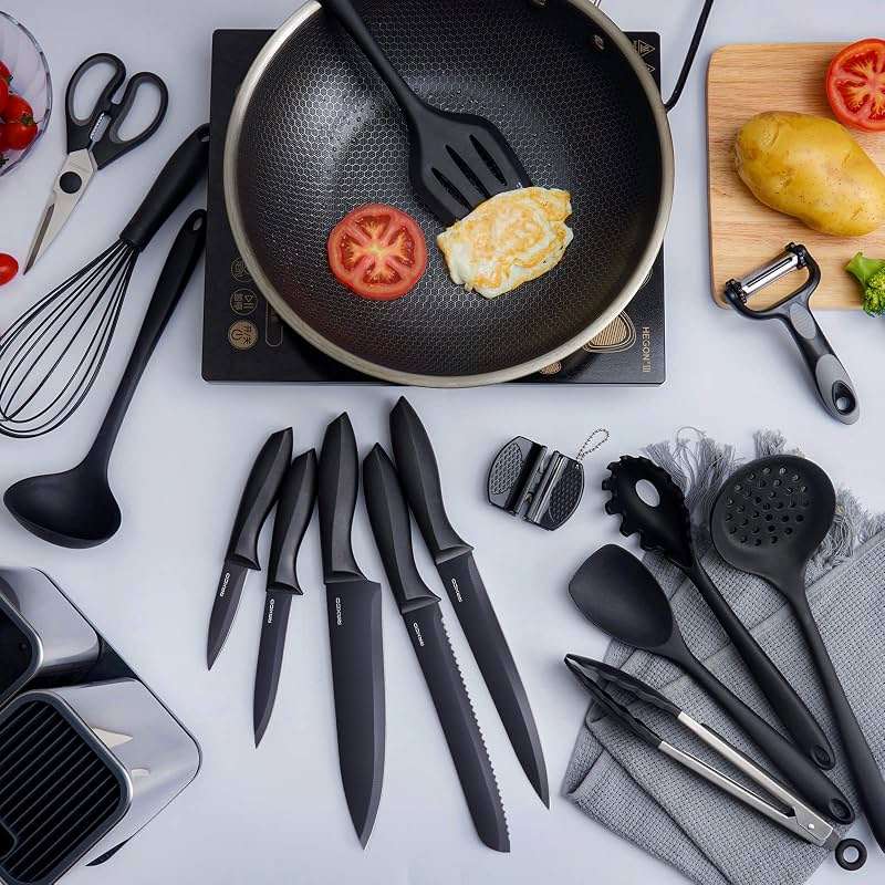 RAXCO Kitchen Utensils Set,18-Piece Cooking Utensils and Knife Set,Black | Food-grade Silicone Heat-safe to 410°F, Detachable Stainless Steel Holder, 5 Kitchen Knives and Cutting Board All-in-one - Image 7