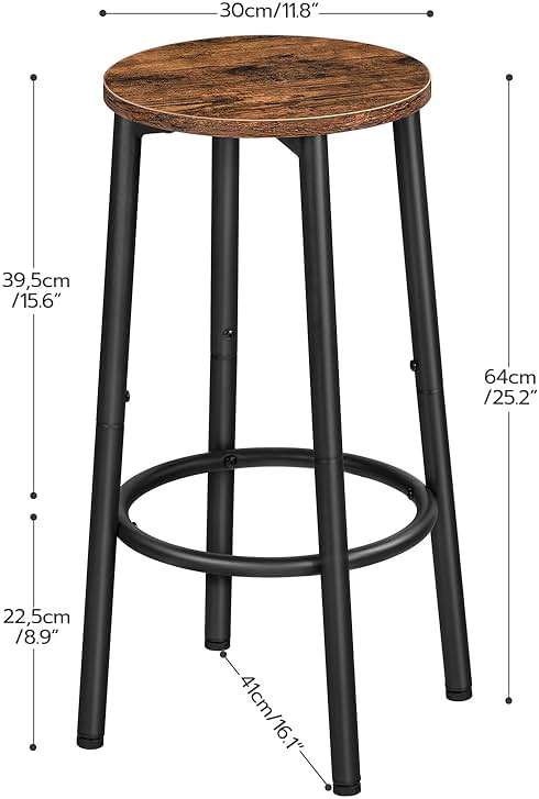 HOOBRO Bar Stools, Set of 2 Bar Chairs, Kitchen Round Height Stools with Footrest, Breakfast Bar Stools, Sturdy Steel Frame, for Dining Room, Kitchen, Party, Easy Assembly, Rustic Brown BF03BY01 - Image 3