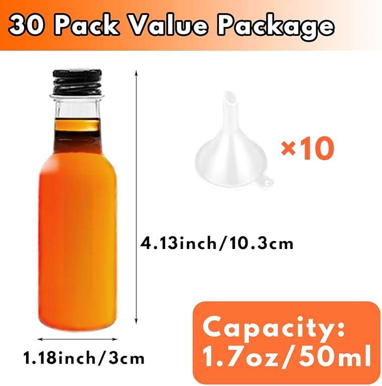 Mini Liquor Bottles, 30 Pack Airtight Plastic Spirit With Black Cap, 1.7oz Empty Alcohol Shot With 10 Funnels, Miniature for Weddings, Parties - Image 3